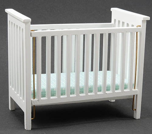 Slatted Nursery Crib, White with Blue Pattern Fabric